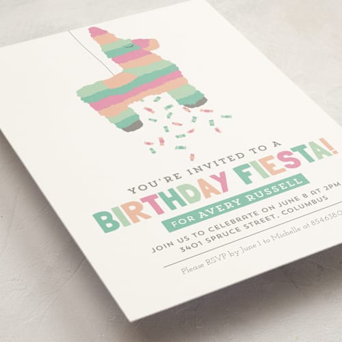 This is a seafoam kids birthday invitations with standard by Keen Peachy called pinata printing on signature in standard