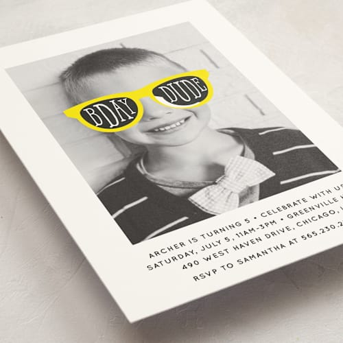 This is a sunshine kids birthday invitations with standard by Baumbirdy called birthday shades printing on signature in standard