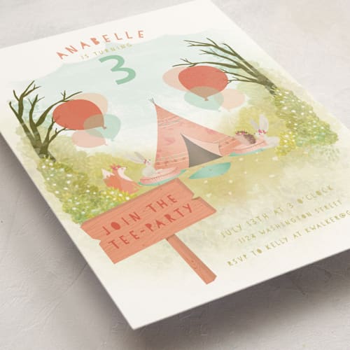 This is a peaches kids birthday invitations with standard by Grace Kreinbrink called tee party printing on signature in standard