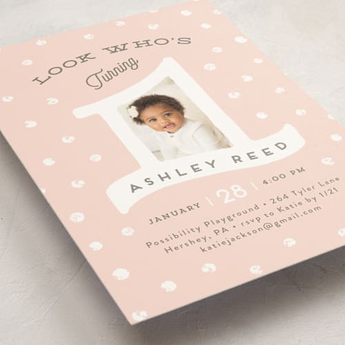 This is a blush kids birthday invitations with standard by Jennifer Wick called dotted one printing on signature in standard