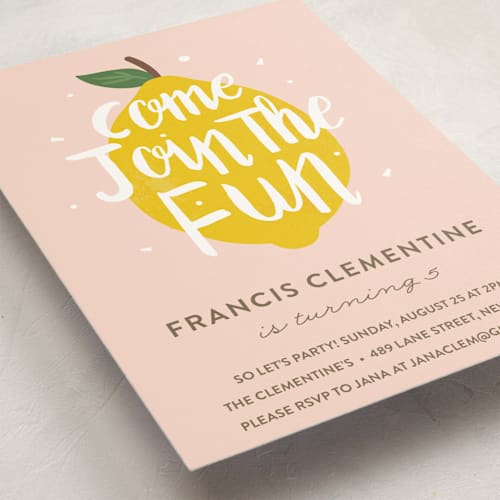 This is a candy kids birthday invitations with standard by Joanne James called lemonade fun printing on signature in standard