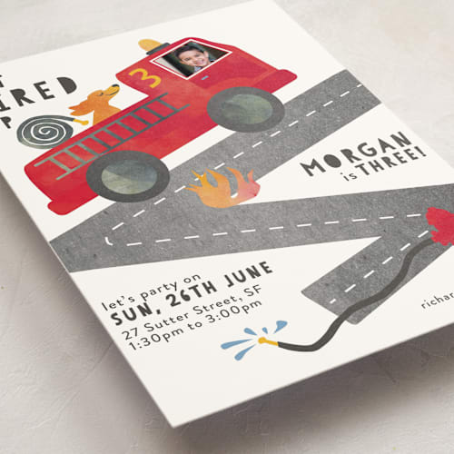 This is a ruby kids birthday invitations with standard by Kanika Mathur called little fireman printing on signature in standard