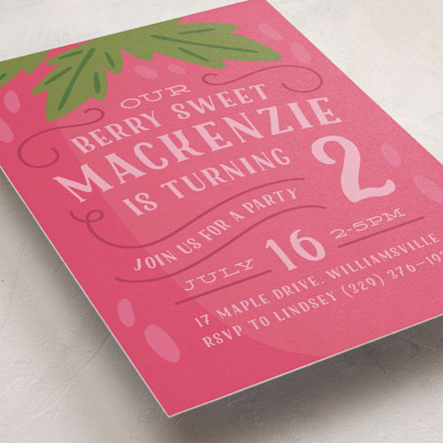 This is a strawberry kids birthday invitations with standard by Laura Hankins called berry sweet printing on signature in standard