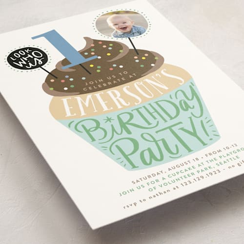This is a turquoise kids birthday invitations with standard by Alethea and Ruth called cupcake topper printing on signature in standard