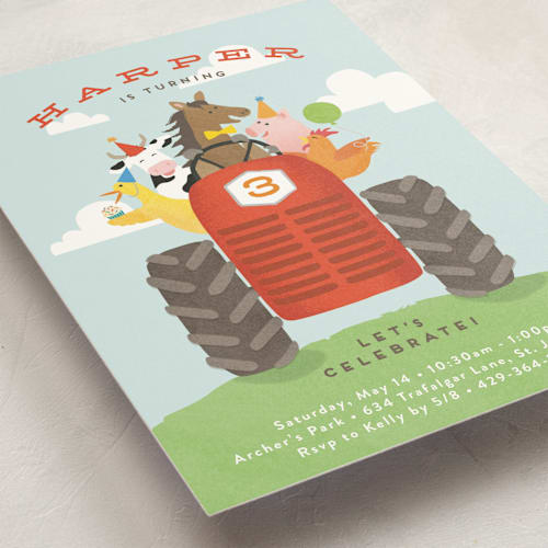 This is a robin’s egg kids birthday invitations with standard by Jennifer Wick called farm animal friends printing on signature in standard