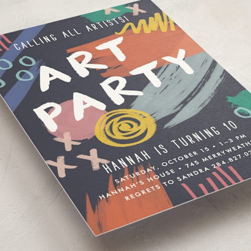 This is a midnight kids birthday invitations with standard by Amber Barkley called art party printing on signature in standard