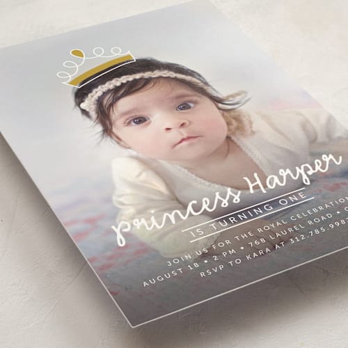 This is a gold kids birthday invitations with standard by Lehan Veenker called princess crown doodle printing on signature in standard