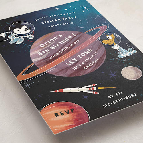 This is a midnight kids birthday invitations with standard by Becky Nimoy called mickey and pluto in space printing on signature in standard