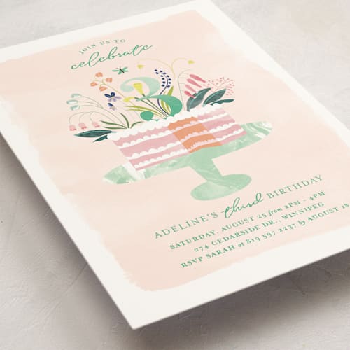 This is a summer peach kids birthday invitations with standard by Eve Schultz called birthday botanicals printing on signature in standard