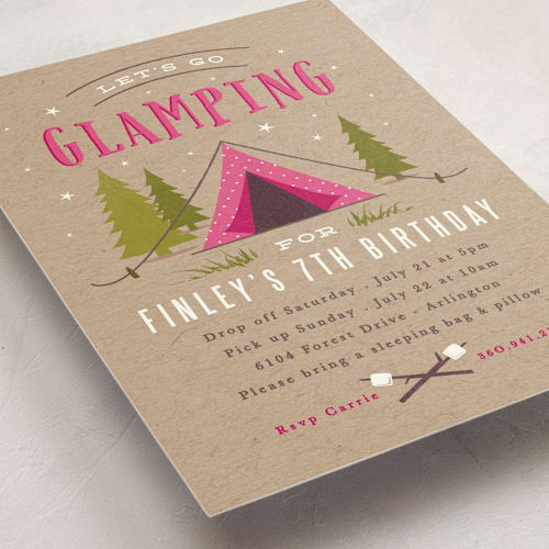 This is a fushcia kids birthday invitations with standard by Karidy Walker called let's go glamping printing on signature in standard