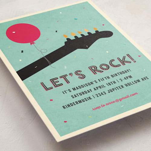 This is a robin's egg kids birthday invitations with standard by Rebecca Bowen called rock on printing on signature in standard