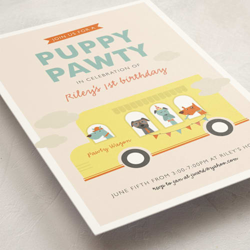 This is a sky kids birthday invitations with standard by Bethany Anderson called puppy pawty printing on signature in standard