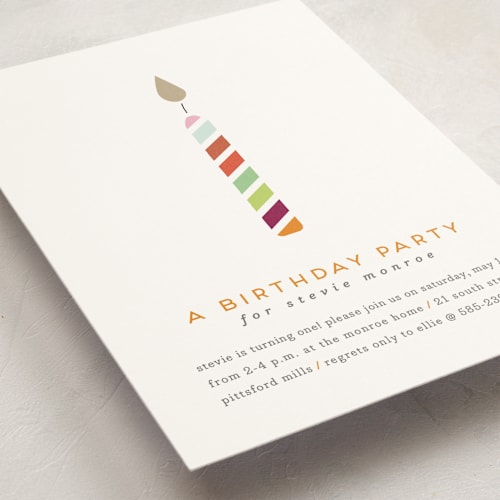 This is a full spectrum kids birthday invitations with standard by Up Up Creative called lit candle printing on signature in standard