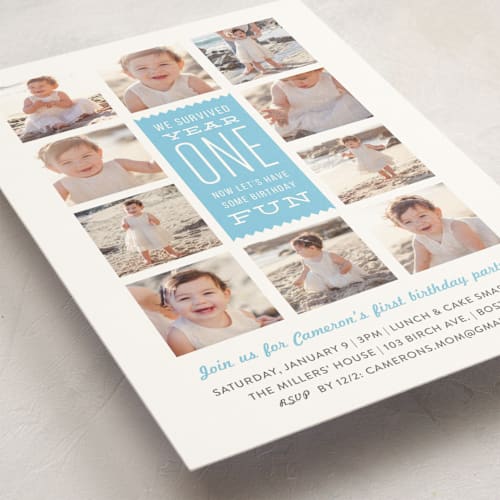 This is a sky kids birthday invitations with standard by Carolyn MacLaren called we survived year one printing on signature in standard