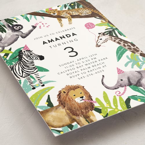 This is a dragon fruit kids birthday invitations with standard by Cass Loh called jungle party printing on signature in standard