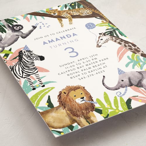 This is a lilac kids birthday invitations with standard by Cass Loh called jungle party printing on signature in standard