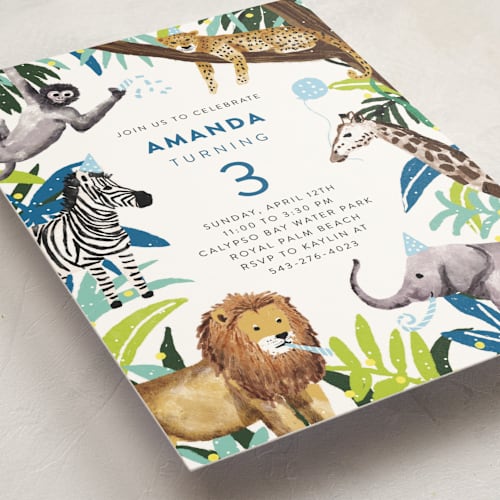 This is a denim kids birthday invitations with standard by Cass Loh called jungle party printing on signature in standard