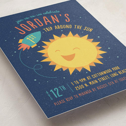 This is a midnight kids birthday invitations with standard by Cat Caudillo called around the sun printing on signature in standard