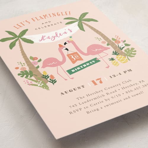This is a cotton candy kids birthday invitations with standard by Jennifer Wick called let's flamingle! printing on signature in standard