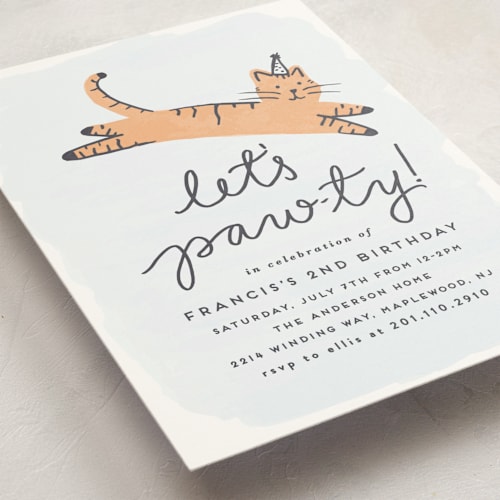 This is a apricot kids birthday invitations with standard by Everett Paper Goods called pawty cat printing on signature in standard