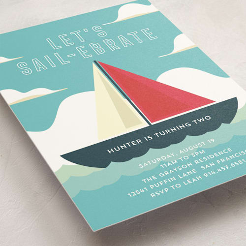 This is a lagoon kids birthday invitations with standard by Jessica Voong called sail-ebrate printing on signature in standard