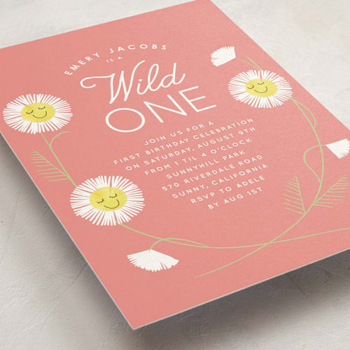 This is a petal kids birthday invitations with standard by Baumbirdy called daisy smiles printing on signature in standard