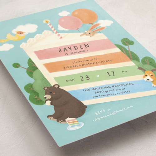 This is a sky kids birthday invitations with standard by Shannon Chen of Four Wet Feet Studio called cake party printing on signature in standard