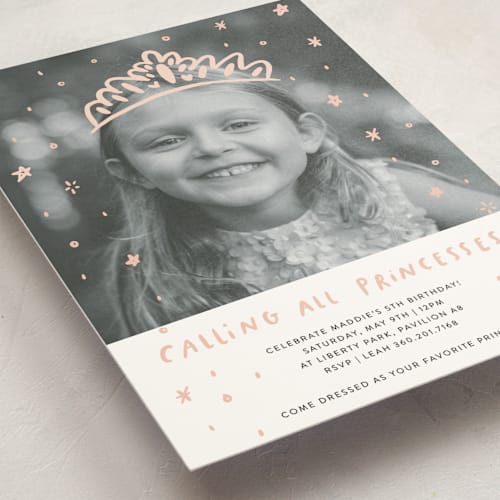 This is a blush kids birthday invitations with standard by Half Pint Studio called calling all princesses printing on signature in standard