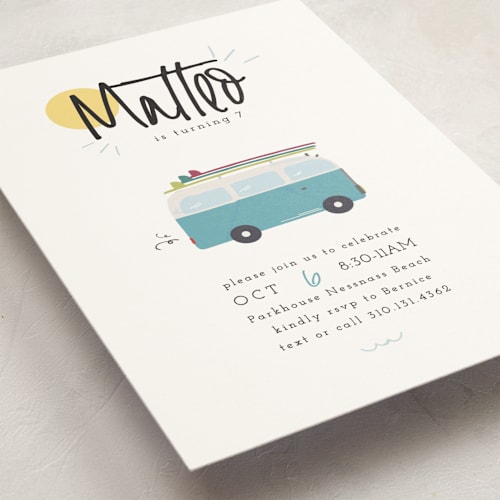 This is a blue skies kids birthday invitations with standard by Maggie Maeve called surfer's dream beach bash printing on signature in standard