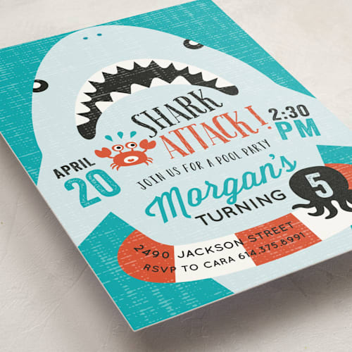 This is a pool kids birthday invitations with standard by iamtanya called shark attack pool party printing on signature in standard