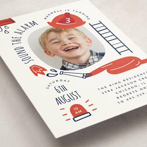 This is a firetruck kids birthday invitations with standard by Corinne Malesic called little fire fighter printing on signature in standard