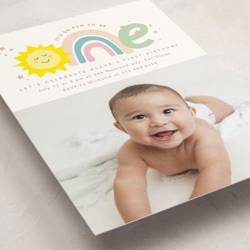 This is a rainbow kids birthday invitations with standard by Creo Study called so fun to be one printing on signature in standard