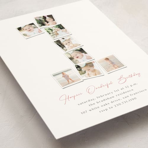 This is a peony kids birthday invitations with standard by fatfatin called polaroid big number 1 printing on signature in standard