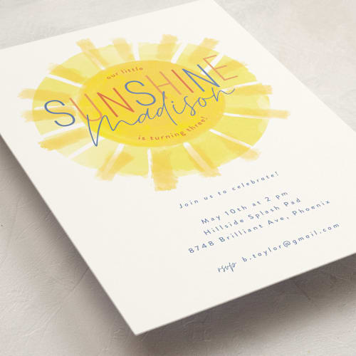 This is a marshmallow kids birthday invitations with standard by Rebecca Durflinger called little sunshine printing on signature in standard