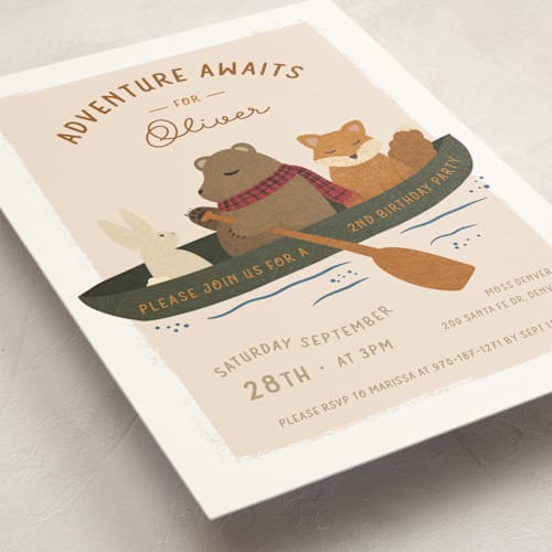 This is a forest kids birthday invitations with standard by Jenna Holcomb called adventure awaits printing on signature in standard