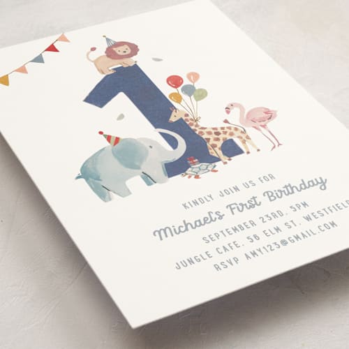 This is a cement kids birthday invitations with standard by Teju Reval called wild one printing on signature in standard