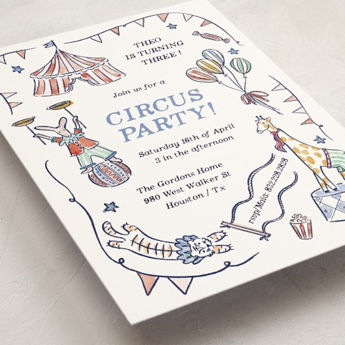 This is a sky kids birthday invitations with standard by Pati Cascino called circus day printing on signature in standard