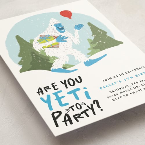 This is a frost kids birthday invitations with standard by Ashley Bird called yeti to party? printing on signature in standard