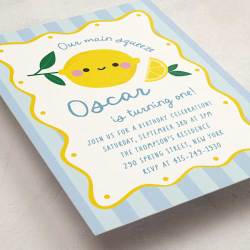 This is a blueberry kids birthday invitations with standard by Jennifer Lew called lemons printing on signature in standard