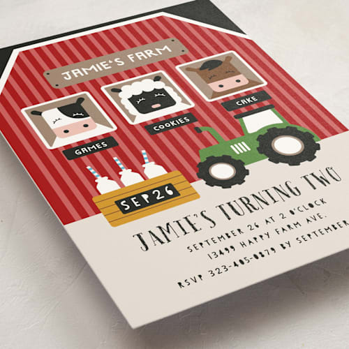 This is a barn kids birthday invitations with standard by iamtanya called happy farm printing on signature in standard