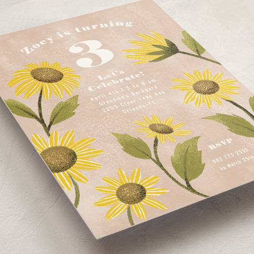 This is a blush kids birthday invitations with standard by Pati Cascino called sunflower party printing on signature in standard