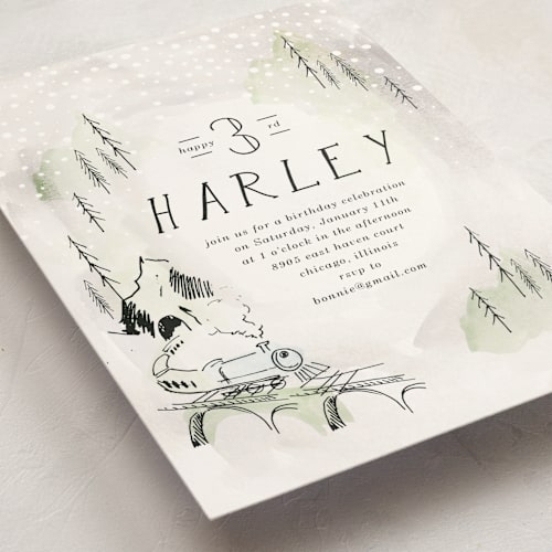 This is a cinders kids birthday invitations with standard by Baumbirdy called winter train printing on signature in standard