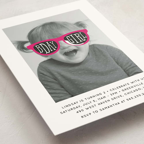 This is a fuchsia kids birthday invitations with standard by Baumbirdy called birthday girl shades printing on signature in standard