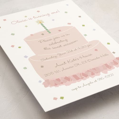 This is a blush kids birthday invitations with standard by Tina Faselli called confetti party printing on signature in standard