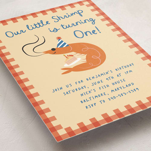 This is a cajun kids birthday invitations with standard by Jennifer Lew called party prawn printing on signature in standard