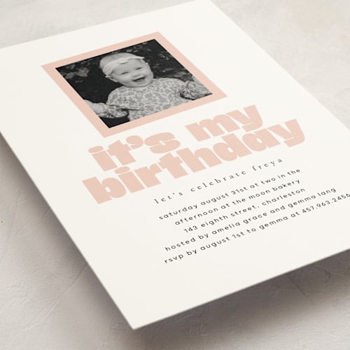 This is a peony kids birthday invitations with standard by Lori Wemple called birthday photo printing on signature in standard
