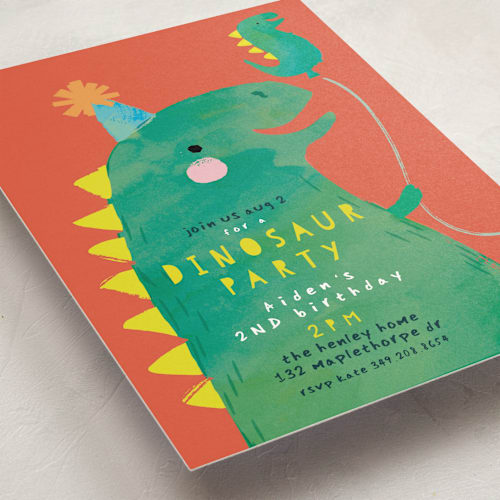 This is a cantaloupe kids birthday invitations with standard by Lori Wemple called dinosaur balloon printing on signature in standard