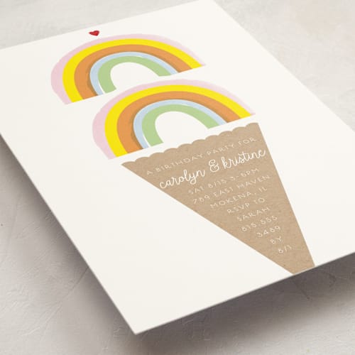 This is a sherbert kids birthday invitations with standard by Baumbirdy called double rainbow scoop printing on signature in standard