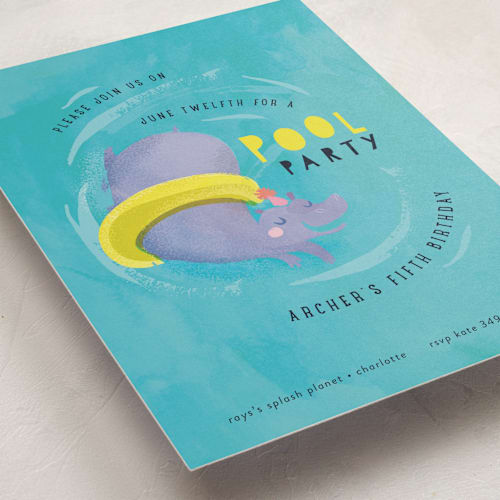 This is a wave kids birthday invitations with standard by Lori Wemple called animal pool party printing on signature in standard