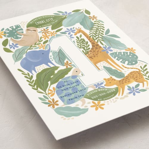 This is a jungle leaf kids birthday invitations with standard by Sarah Knight called jungle hang outs printing on signature in standard
